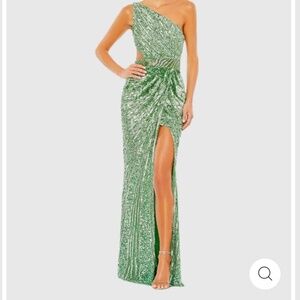 Mac Duggal Sequined One Shoulder Draped Lace Up Gown Sage Color